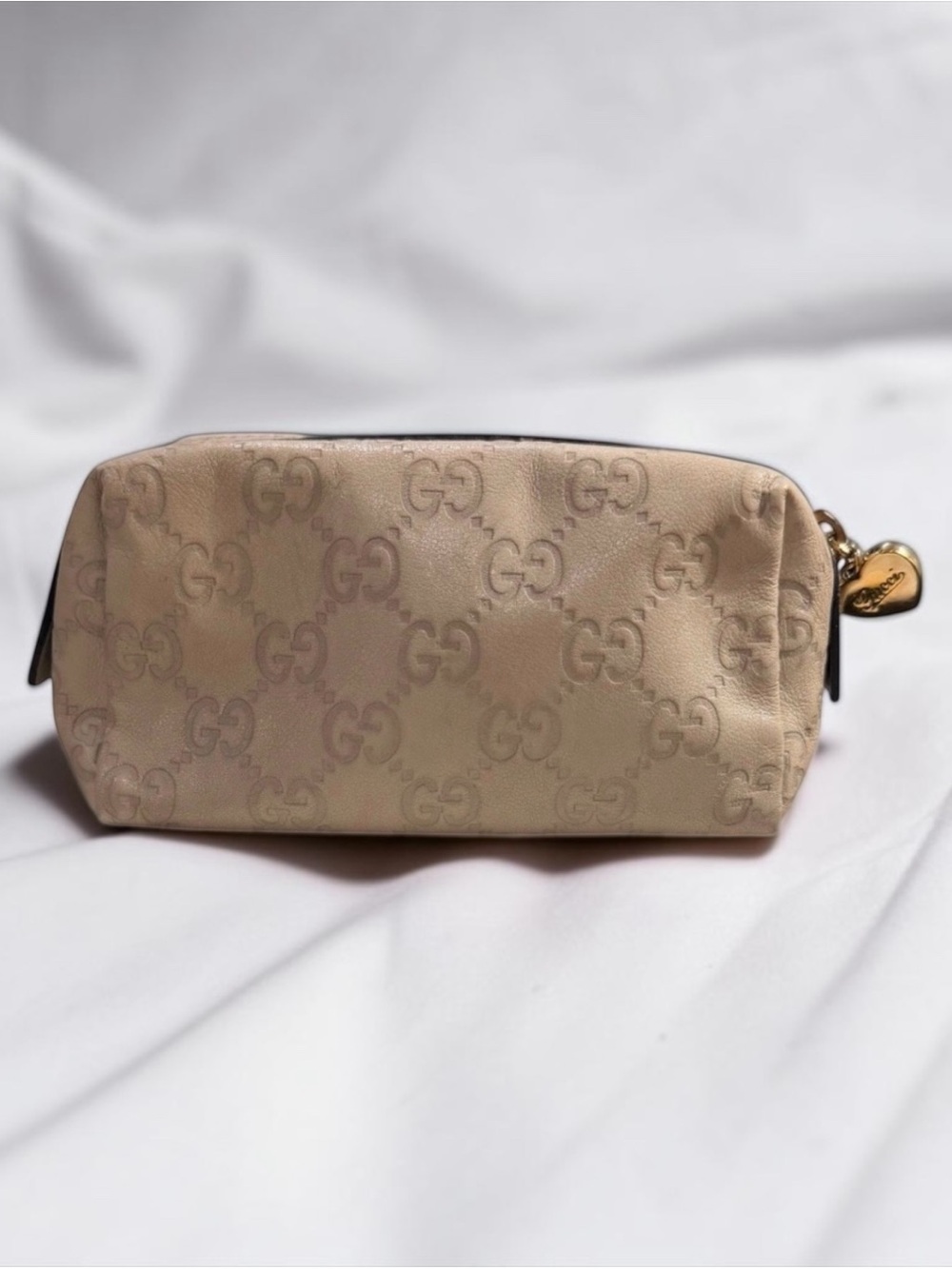 Gucci Guccissima Ivory Leather Cosmetic Pouch Heart Charm + Dust Bag